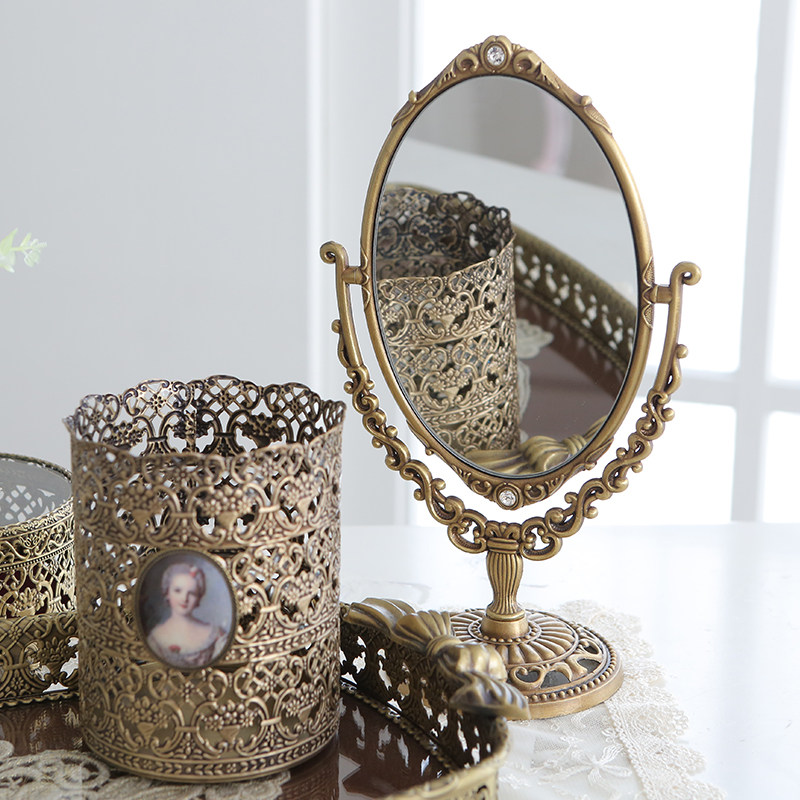韩国复古装饰 不变色梳妆台金属双面台式镜子 铜色欧式化妆镜