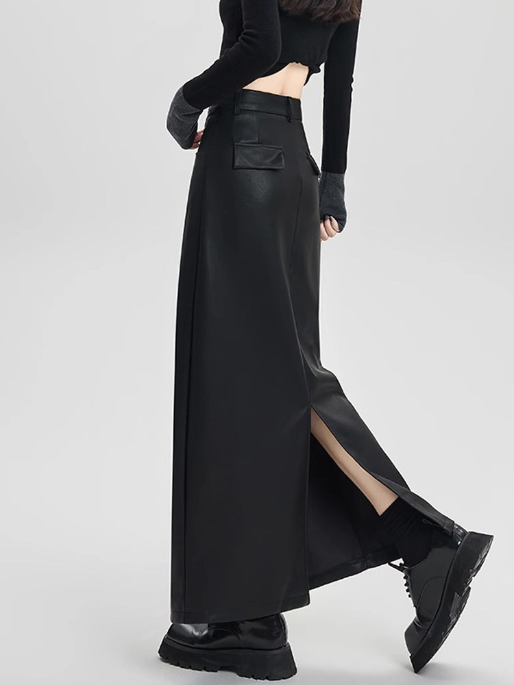黑色皮裙半身裙女秋冬2025新款高腰显瘦a字中长款开叉包臀一步裙
