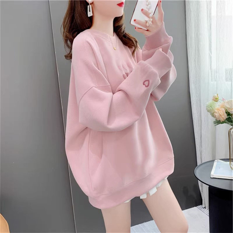 粉色卫衣女春秋季薄款2025新款宽松慵懒风时尚洋气小个子圆领上衣