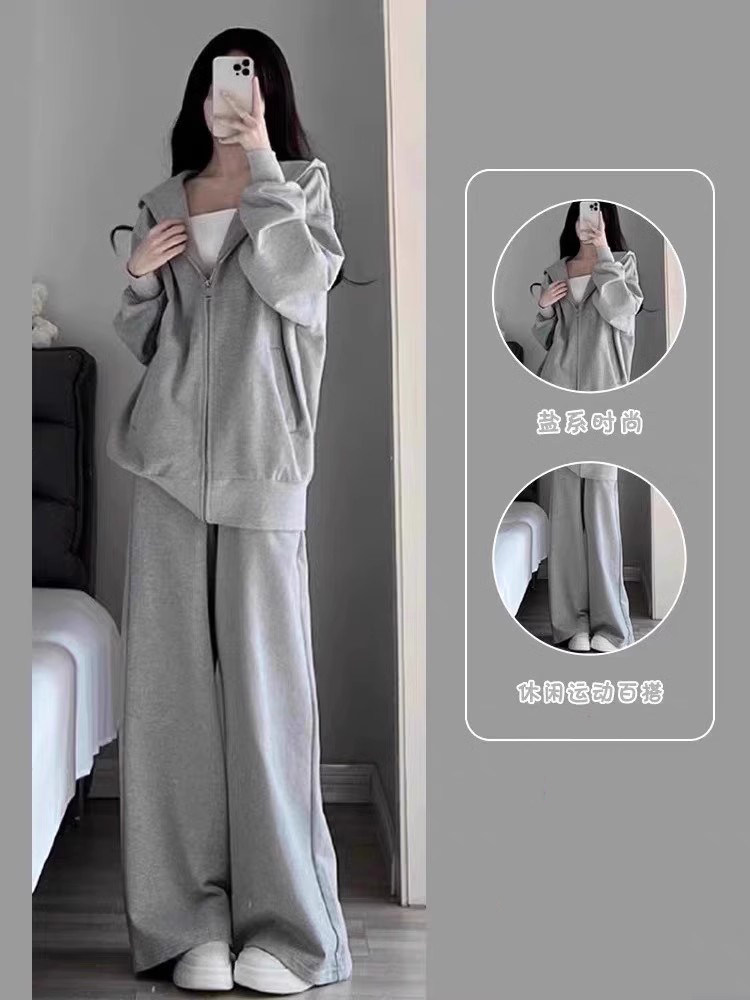 运动套装女秋冬加绒2025新款连帽卫衣阔腿裤子休闲时尚洋气两件套