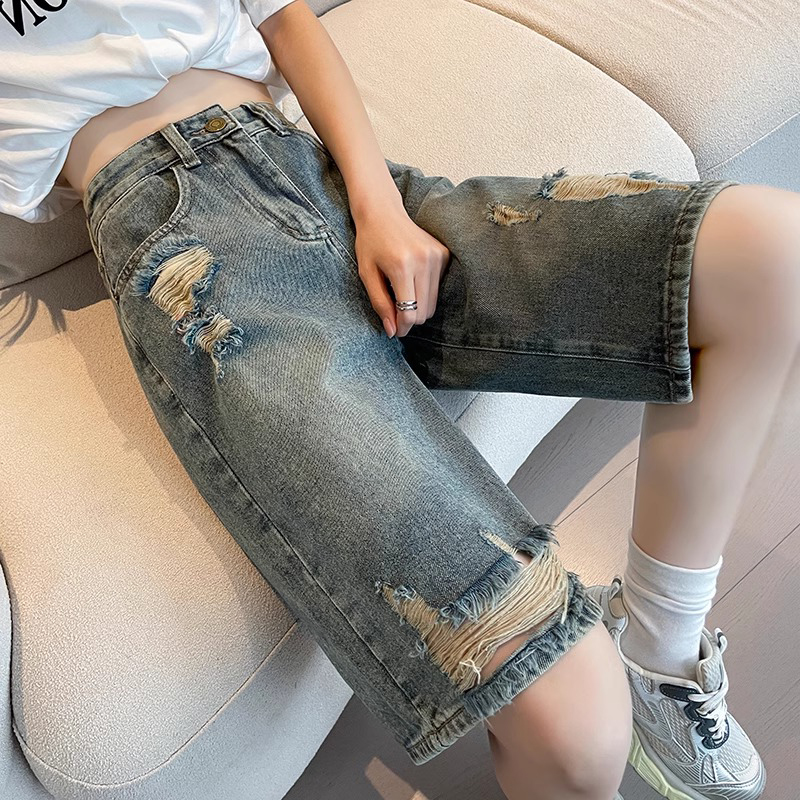 破洞牛仔短裤女夏季薄款2025新款高腰直筒显瘦小个子阔腿五分中裤
