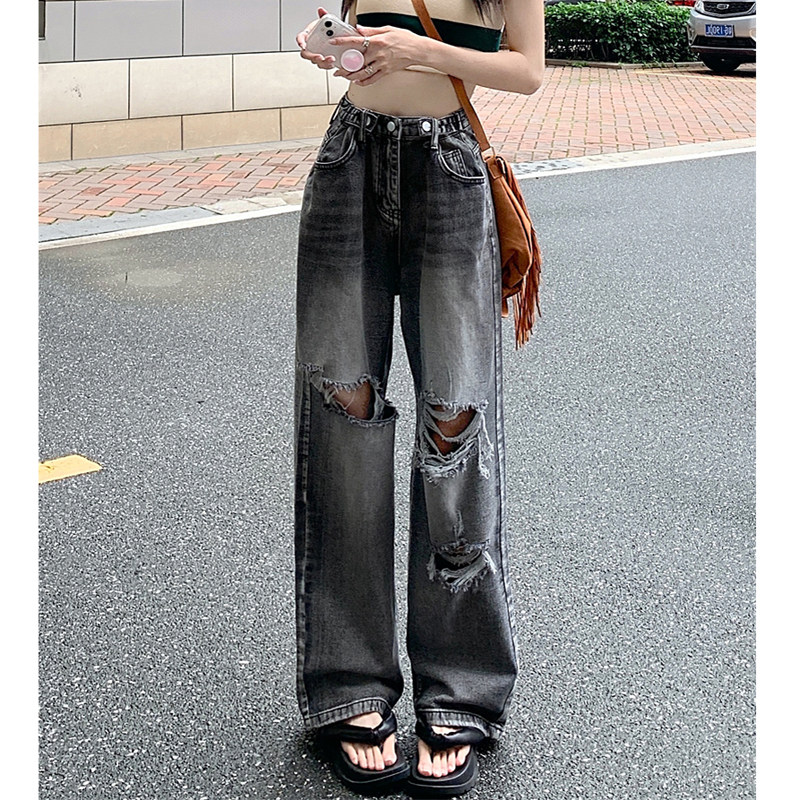 破洞牛仔裤女夏季薄款2026年新款高腰垂感直筒宽松大码胖mm阔腿裤