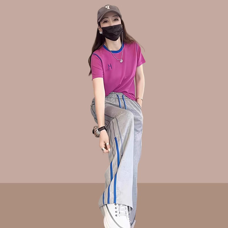 运动套装女夏季薄款2026新款高级感短袖t恤阔腿裤休闲时尚两件套