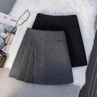 毛呢半身裙女秋冬2025新款高腰显瘦a字小个子不规则包臀百褶短裙