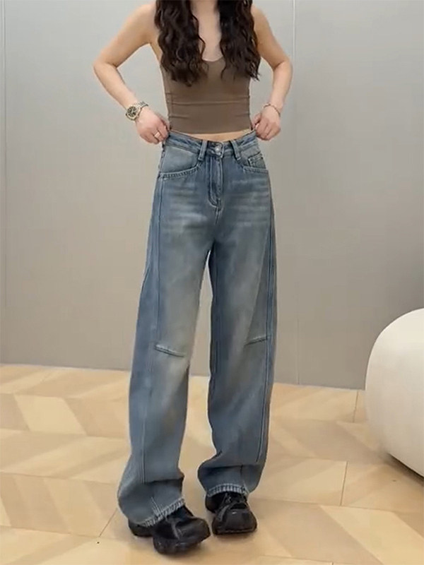 弯刀牛仔裤女夏季薄款2025新款高腰大码直筒显瘦小个子拖地阔腿裤