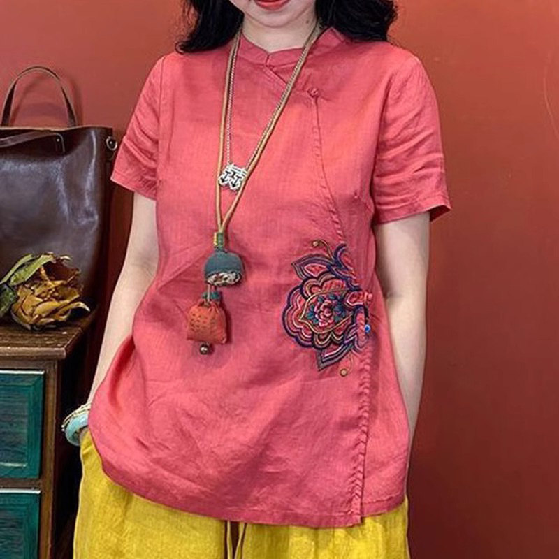 棉麻衬衫女士短袖夏季薄款2025新款唐装中式国风盘扣改良旗袍上衣