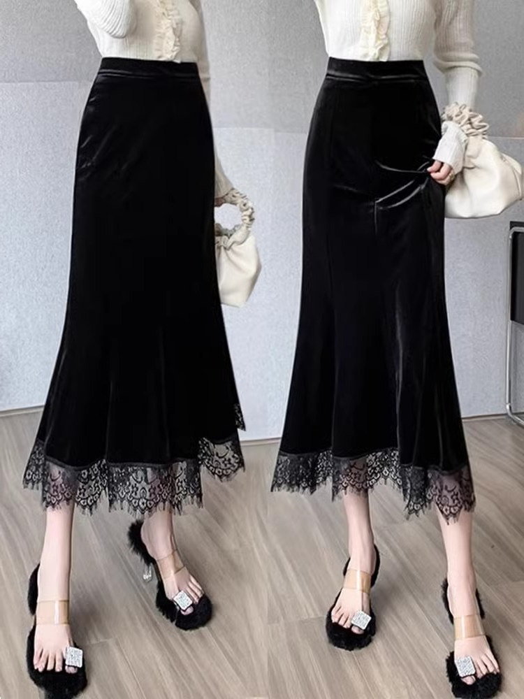 金丝绒半身裙女秋冬2025新款高腰显瘦a字中长款蕾丝鱼尾包臀裙子