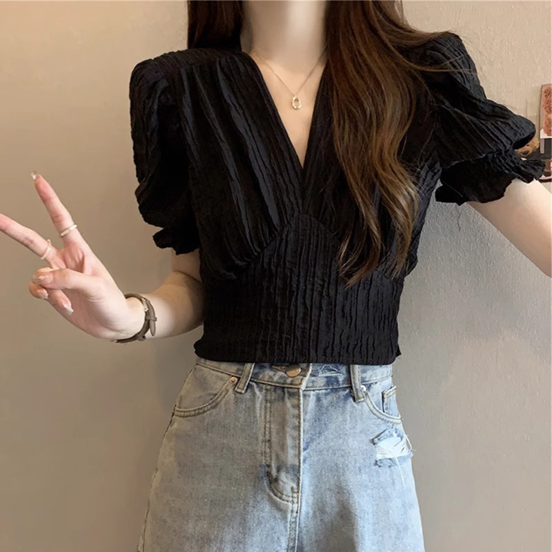 雪纺衬衫女士夏季薄款2025新款小衫短款小个子v领泡泡短袖t恤上衣