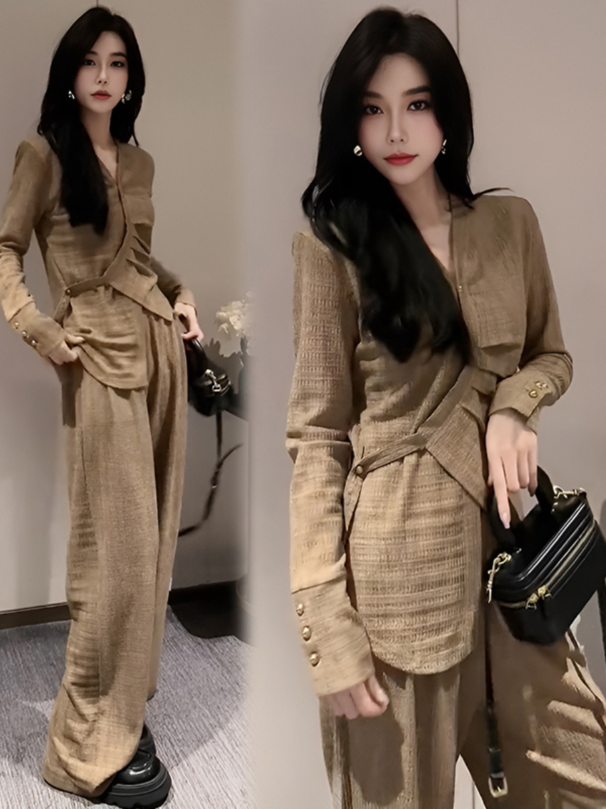 套装女春秋2025新款高级设计感长袖衬衫阔腿裤休闲时尚洋气两件套