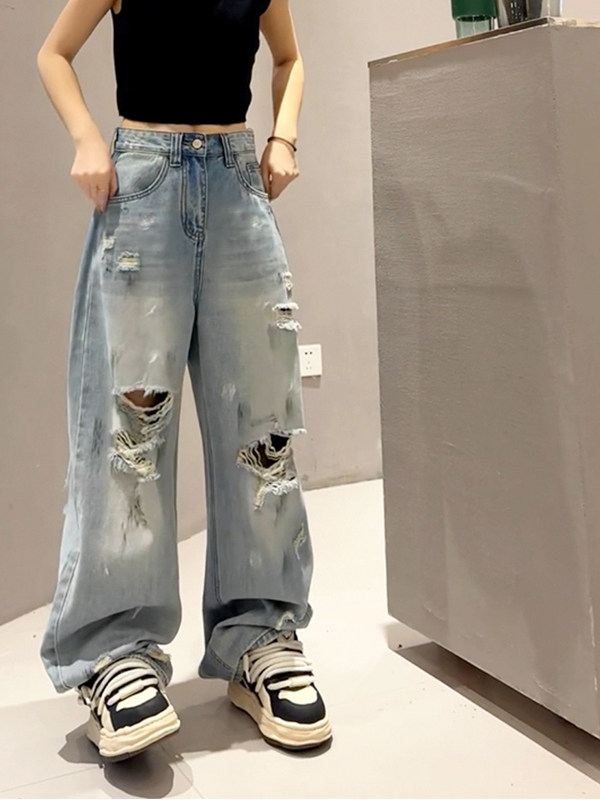 破洞牛仔裤女夏季薄款2025新款高腰直筒大码显瘦小个子拖地阔腿裤