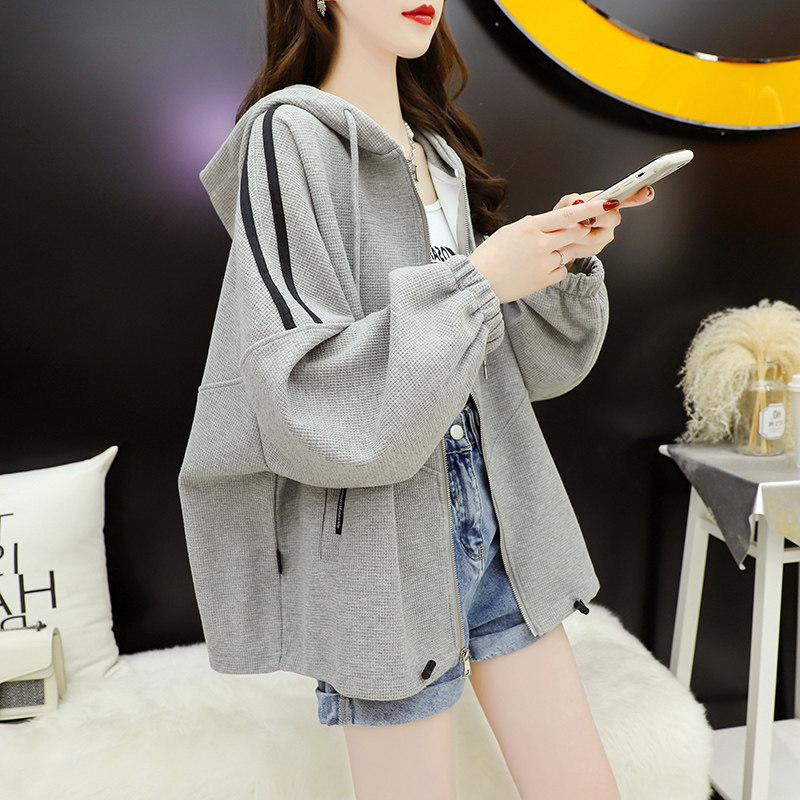 灰色连帽卫衣女春秋薄款2025新款韩版宽松慵懒风拉炼开衫外套上衣