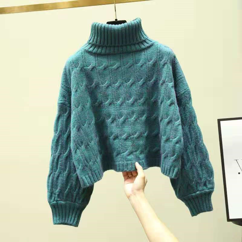高领毛衣女秋冬加厚2025年新款宽松慵懒风外穿麻花短款套头针织衫