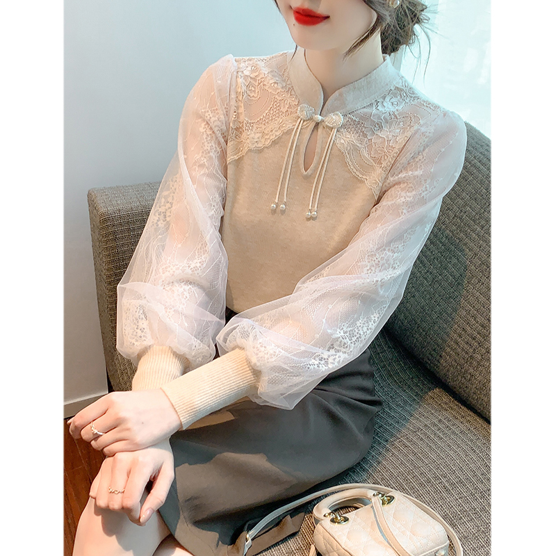 蕾丝打底衫女士春秋季2025新款内搭洋气网纱中式盘扣衬衫针织上衣