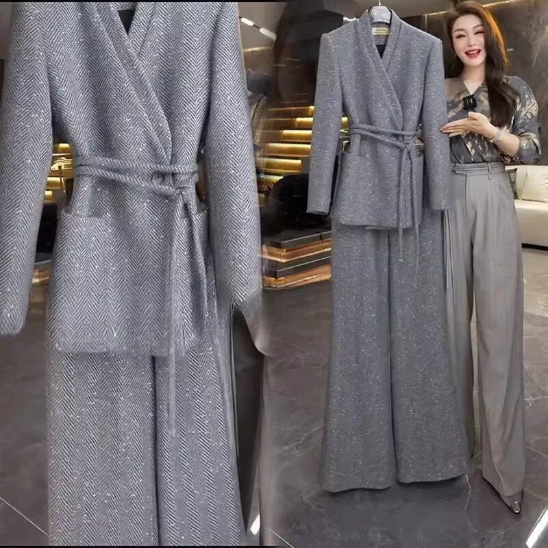 套装女秋冬2025新款高级感大码毛呢西装外套阔腿裤休闲时尚两件套