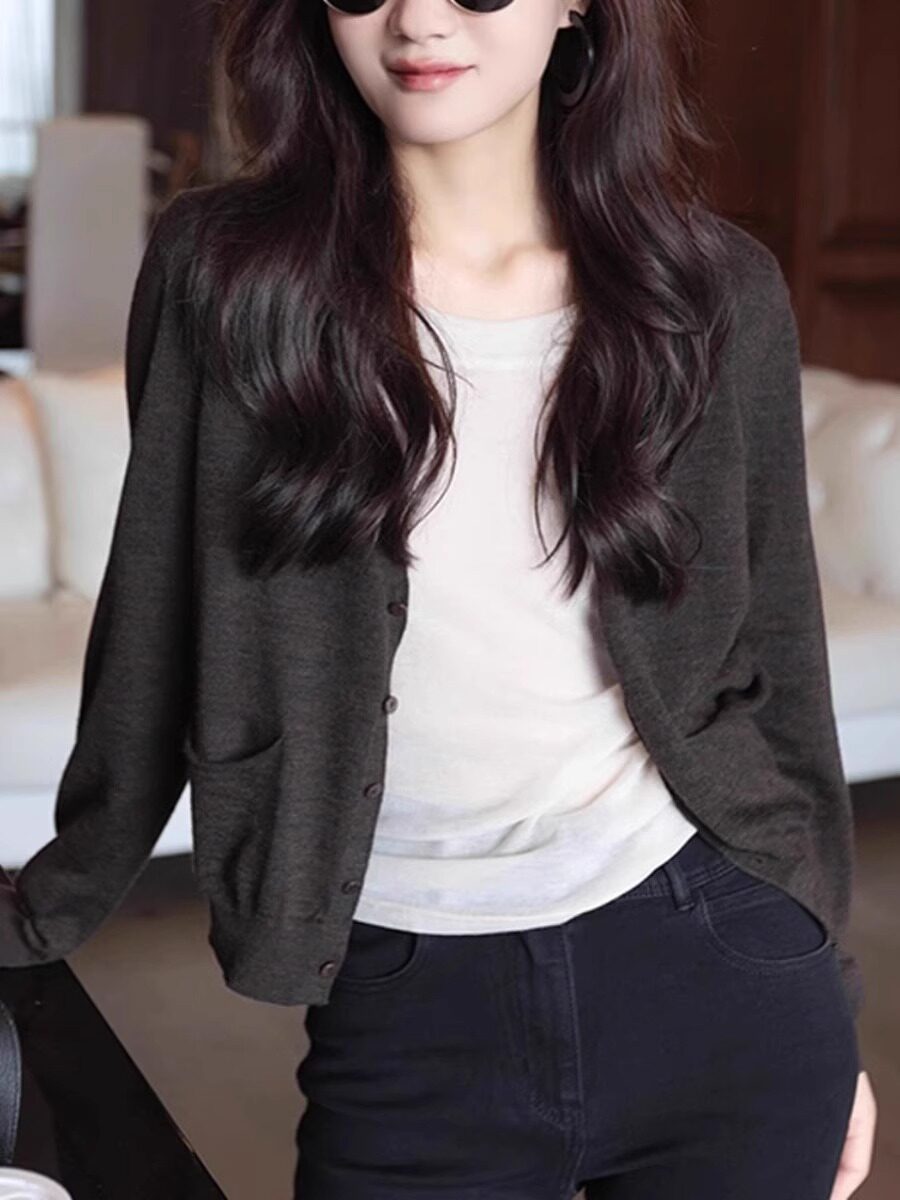 开衫毛衣外套女秋冬2025新款宽松慵懒风短款小个子v领针织衫上衣