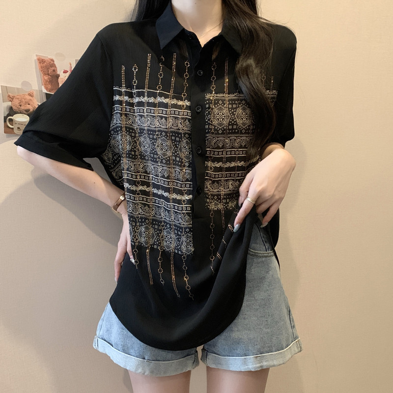 黑色雪纺衬衫女短袖夏季薄款2025新款宽松大码设计感半袖t恤上衣