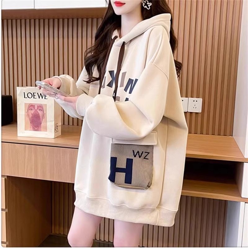 连帽卫衣女秋冬季加绒2025新款宽松大码慵懒风时尚洋气中长款上衣