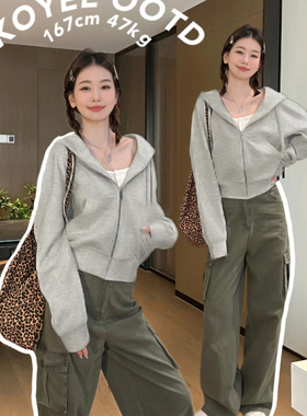 灰色连帽卫衣女春秋2025新款修身小个子时尚洋气拉炼开衫外套上衣