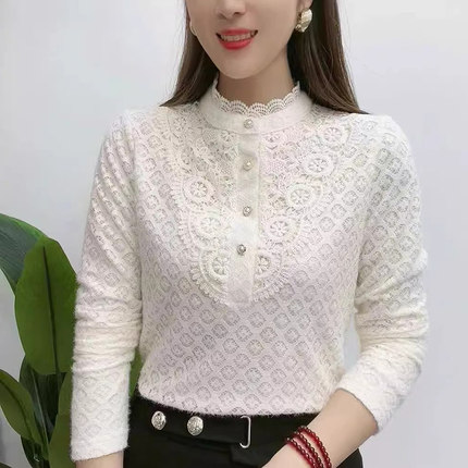 半高领蕾丝打底衫女秋冬季2024新款加绒内搭时尚洋气时髦小衫上衣