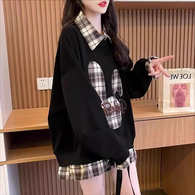 polo领卫衣女春秋薄款2025新款宽松大码慵懒风时尚洋气假两件外套