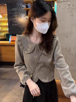 灯芯绒衬衫女士长袖春秋2025新款高级设计感小个子娃娃领衬衣上衣