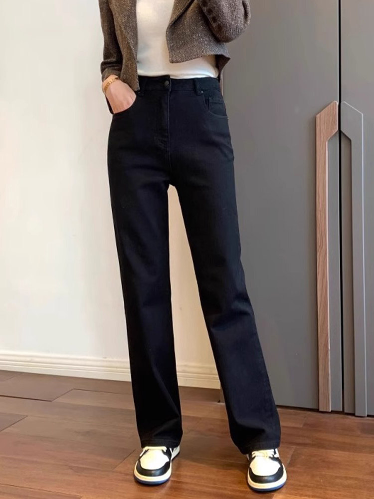 黑色直筒牛仔裤女秋冬季加绒2025年新款高腰大码显瘦窄版阔腿裤子