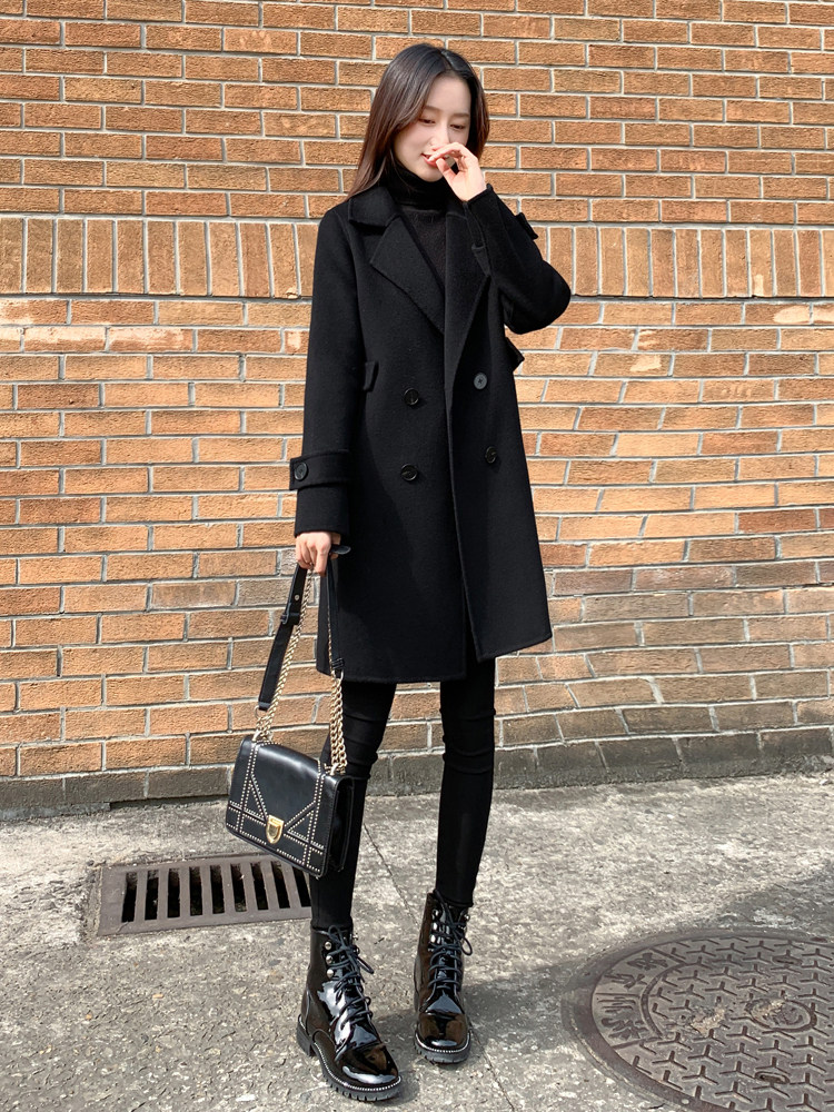 毛呢西装外套女秋冬加厚2025新款黑色修身中长款夹棉休闲呢子大衣