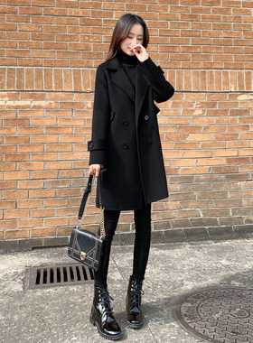 毛呢西装外套女秋冬加厚2025新款黑色修身中长款夹棉休闲呢子大衣