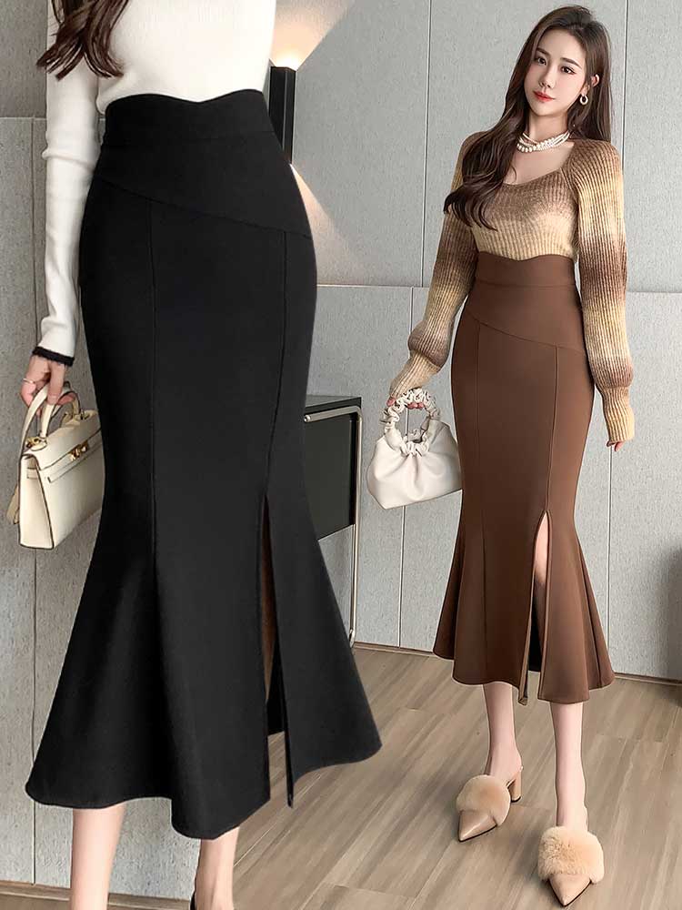 黑色半身裙女秋冬季2025新款高腰a字中长款显瘦加绒包臀鱼尾裙子