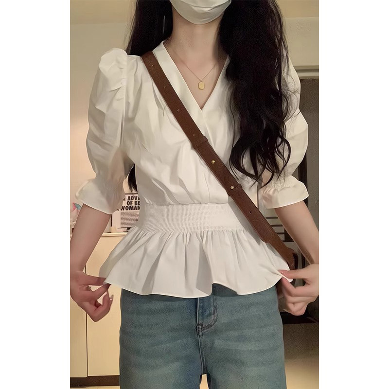 法式雪纺衬衫女士短袖夏季薄款2025新款设计感小众短款泡泡袖上衣