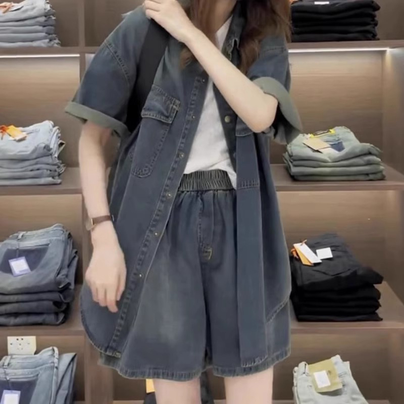 夏季套装女士薄款2025新款小个子大码牛仔外套短裤休闲时尚两件套