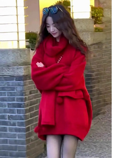 红色毛衣女春秋2025新款宽松外穿慵懒风中长款新年针织衫洋气上衣