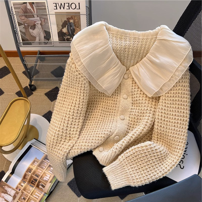 毛衣外套女秋冬季加厚2024新款宽松外穿慵懒风娃娃领针织开衫上衣