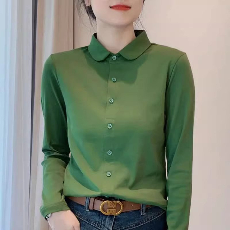 polo领长袖t恤女秋冬加绒2025新款时尚洋气正肩打底衬衫纯色上衣