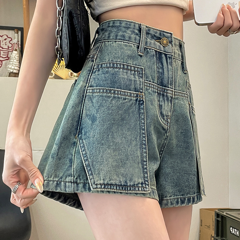 牛仔短裤女夏季薄款2025新款高腰a字显瘦小个子复古工装阔腿热裤