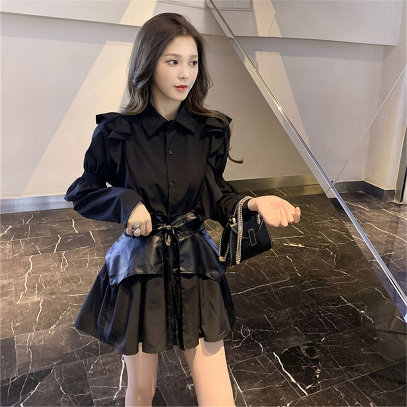 衬衫裙新款2025春秋法式气质收腰设计感小众洋气长袖黑色连衣裙女