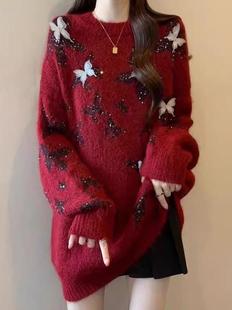 红色毛衣女秋冬加厚2025新款宽松大码慵懒风中长款针织打底衫上衣