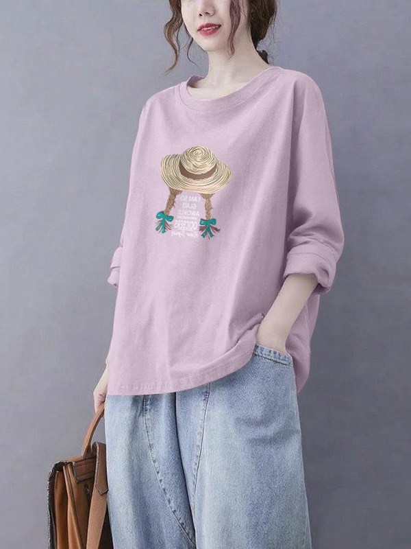 纯棉圆领长袖t恤女秋冬2025新款宽松慵懒风设计感打底衫内搭上衣