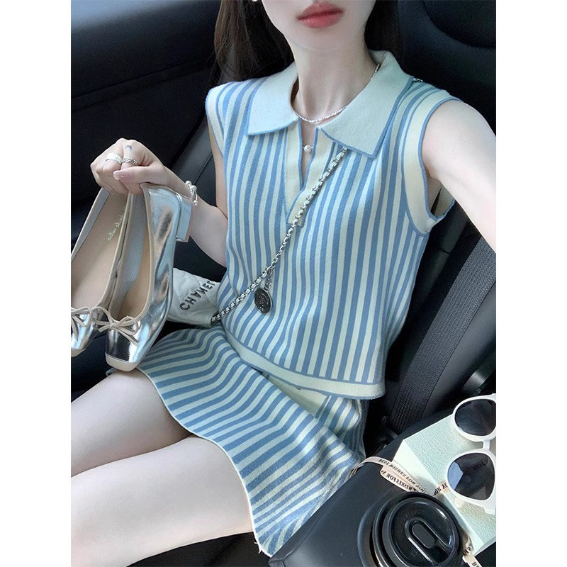 夏季套装女士2026新款小个子条纹无袖t恤半身短裙休闲时尚两件套