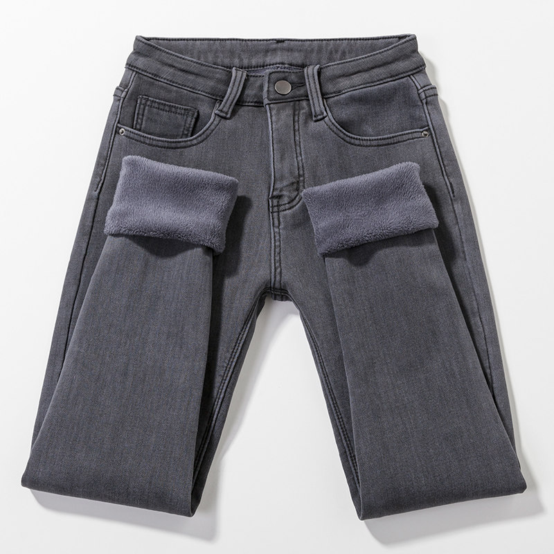 烟灰色加绒牛仔裤女秋冬2025年新款加厚高腰弹力紧身铅笔小脚裤子