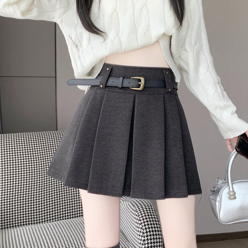 灰色毛呢半身裙女秋冬季加厚2025新款高腰a字显瘦小个子百褶短裙