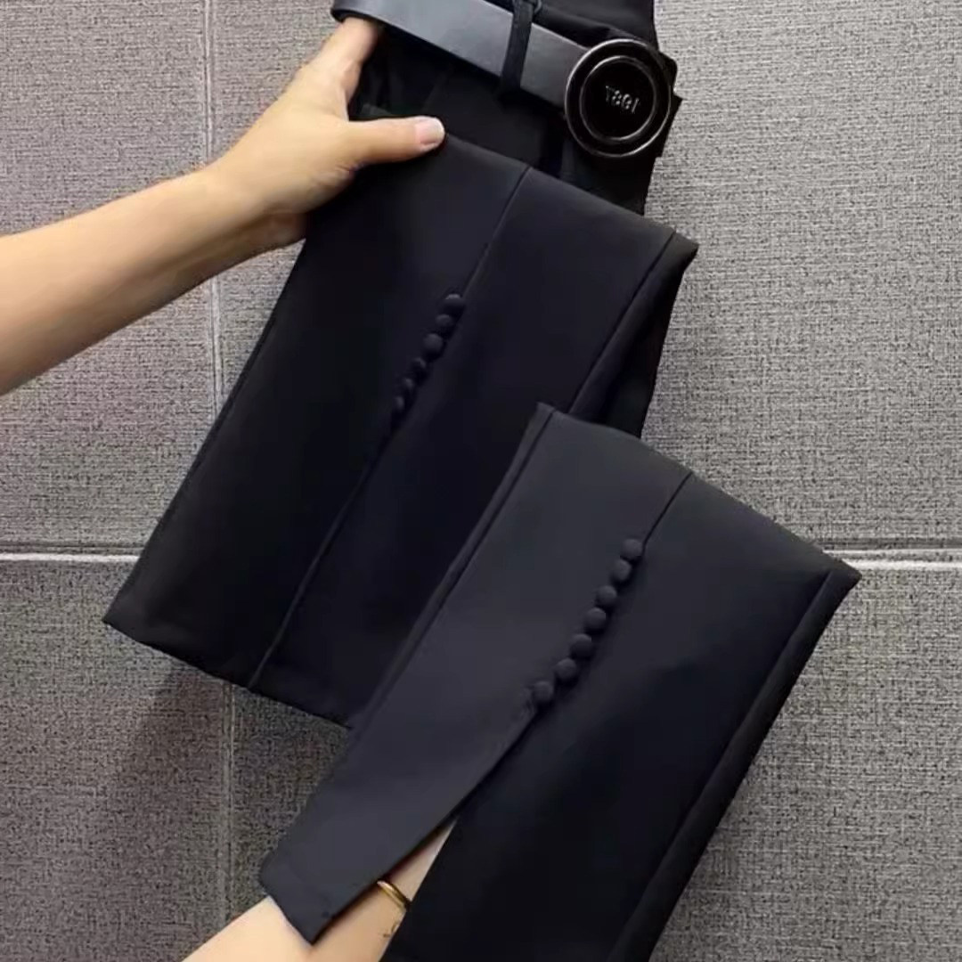 黑色西装裤女夏季薄款2025新款高腰直筒显瘦小个子九分开 叉休闲