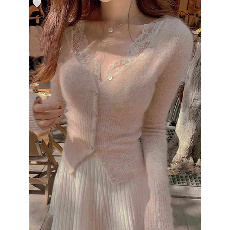 蕾丝打底衫女秋冬季2025新款内搭时尚洋气修身v领毛衣针织衫上衣