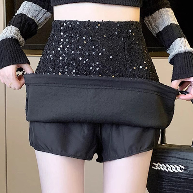 黑色亮片半身裙女春秋2025新款高腰显瘦a字短裙小个子毛呢包臀裙