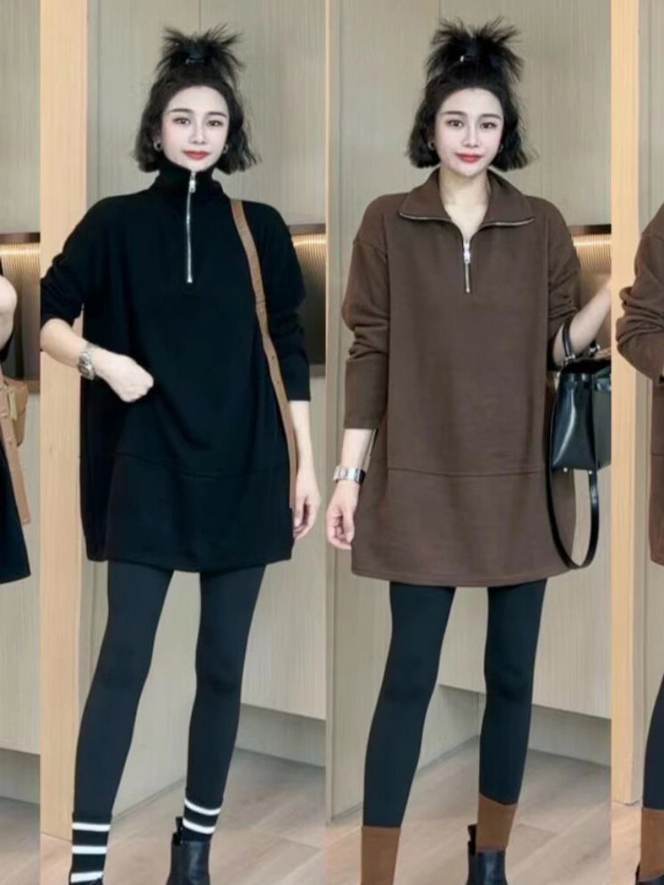 半拉炼卫衣女春秋2025新款宽松大码胖mm慵懒风时尚洋气中长款上衣