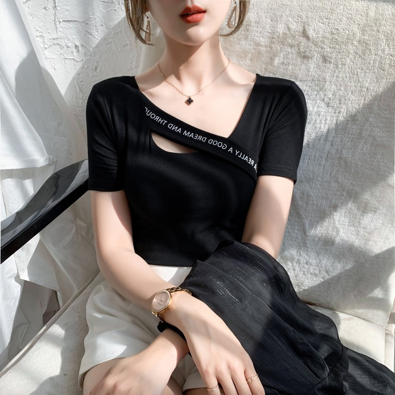 纯棉短袖t恤女夏季薄款2025新款修身显瘦设计感小众正肩半袖上衣