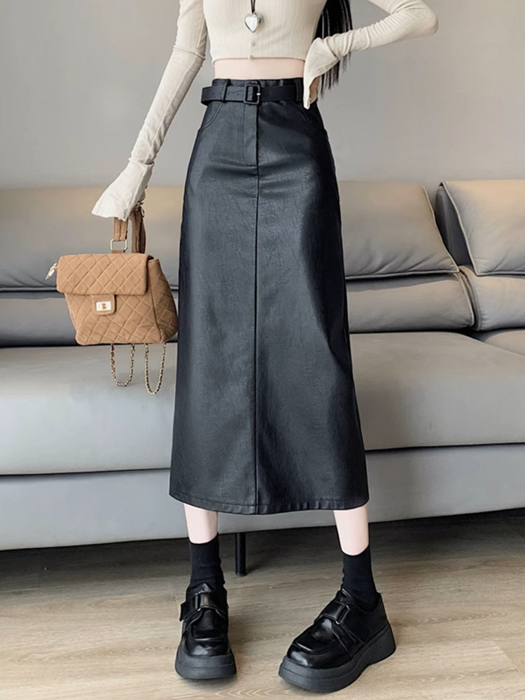 黑色皮裙半身裙女春秋季2025新款高腰显瘦a字中长款开叉包臀裙子