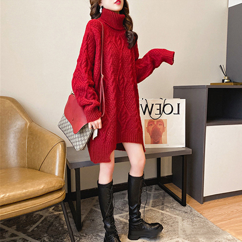 高领毛衣女秋冬季加厚2025新款宽松慵懒风中长版长袖针织打底裙子