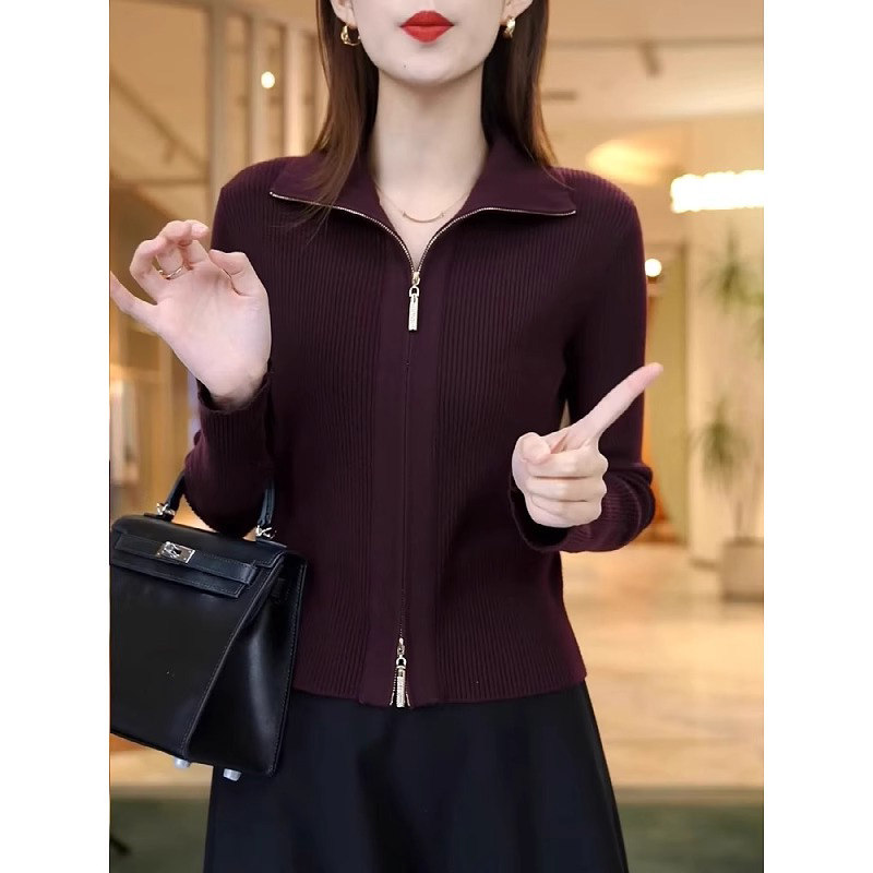 双拉链针织开衫外套女秋冬2025新款高级感大码显瘦小个子毛衣上衣