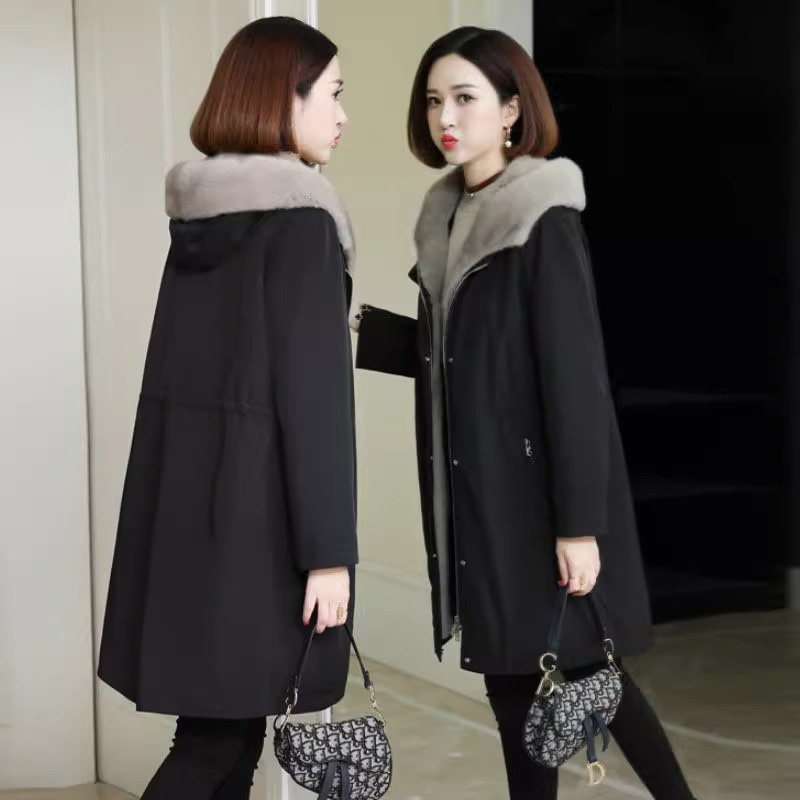 派克服外套女秋冬2025年新款宽松大码中长款加绒加厚连帽棉衣棉服